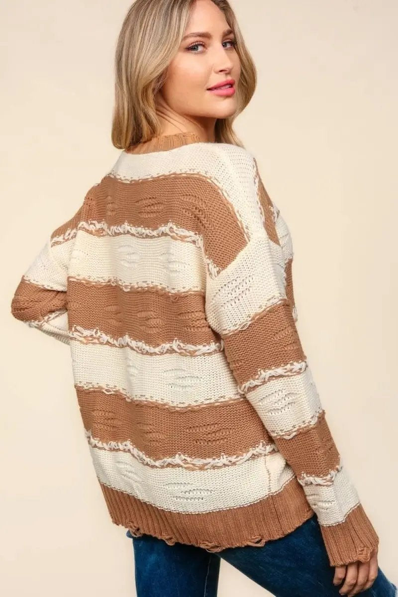 Haptics Striped Contrast Distressed Sweater - Love Salve